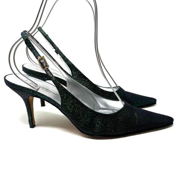 Dolce & Gabbana Iridescent Green Gold Fabric Slingback Low Kitten Heels 40 US 9 - Picture 3 of 11